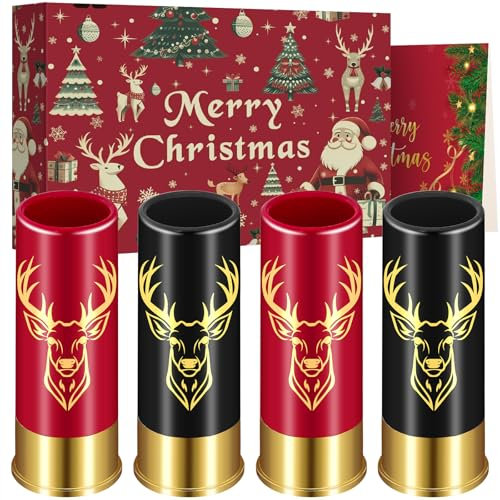 Hirschkopf Plastik Schnapsgläser, Weihnachtsgeschenkbox Grußkarte, 4 Stück, für Männer und Frauen, Hochzeitsfeier, Weihnachten, 12GA Hirsch Jagdgeschenke für Jäger, Kleine Schnapsbecher, Schwarz & Rot