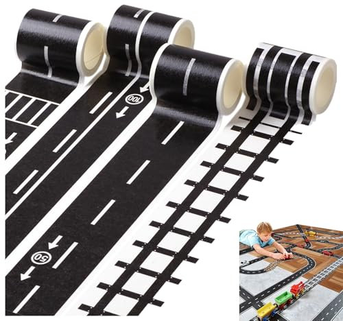 GNAUMORE Road Tape,Road Tapes,Highway Tape,Traffic Tape,Trains Railway Tape,Diy Motorway Tape,DIY Trains Railways Racing Car Track Road Tape for Toy Cars,Road Bandes for Playing and Learning 4PC