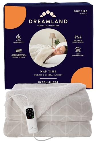 Dreamland Nap Time Heated Electric Blanket – Ultra Soft Velvet Sherpa with 6 Heat Settings, Fast 5-Minute Preheat, Intelliheat Auto Timer, Machine Washable, Large Size 180 x 135 cm – Geometric Grey