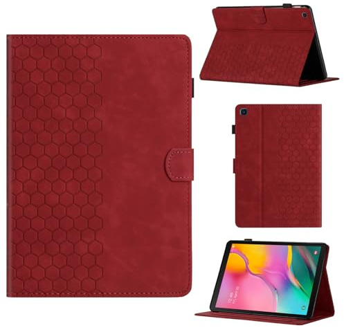 Rosbtib Hülle für Samsung Galaxy Tab A 10.1 2019 Modell SM-T515/T510 Gehäuse mit Ständer mit Kartenschlitz, Sechseckiges strukturiertes Muster Kunstlederhülle für Galaxy Tab A 10.1 2019, Rot
