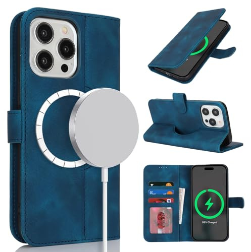 Zouzt Case for iPhone 14 Pro Max (6.7), [Compatible with MagSafe] Magnetic PU Leather Wallet Case with Card Holders and Kickstand, Wireless Charging Flip Folio Phone Cover - Vintage Blue