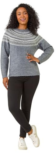 Roman Fairisle Jumper for Women UK Ladies Stretchy Winter Autumn Sweater Casual Knit Knitwear Knitted Pullover Comfy Soft Thick Lightweight Dinner Party Office Work - Grey - Size 16