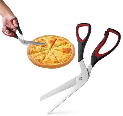 FHISKUNYU Pizzaschere 27 cm – Scharfer Pizza Cutter aus Edelstahl, Pizza Zubehör mit Softgriff, Multifunktionale Küchenschere,Pizzaschneider spülmaschinenfest, Schwarz/Rot