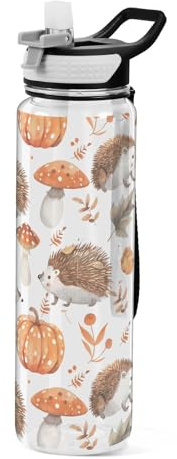 Mnsruu Hedgehog Pumpkin Water Bottle 1L with Straw, Leakproof BPA Free Tritan Drink Bottle, Sport Water Bottle for Men Women Kids