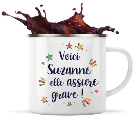 Planetee Tasse métallique Suzanne elle assure grave ! | Mug Mazagran Cadeau Fête des Mères Anniversaire Soeur Noël Tata Marraine Timbale Camping