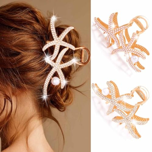 Unicra Pince à cheveux étoile de mer en or Pince à cheveux en perles Pinces à cheveux en strass Accessoires de coiffure fantaisie pour femmes (Lot de 2)