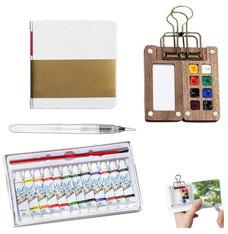 Mini Watercolor Paint Set, Pocket Artist Watercolor Travel Set, Watercolour Sketchbook, With 8 Grids Travel Paint Palette And 12 Colour Of Pigment, For Artists Painters Students (Wooden)