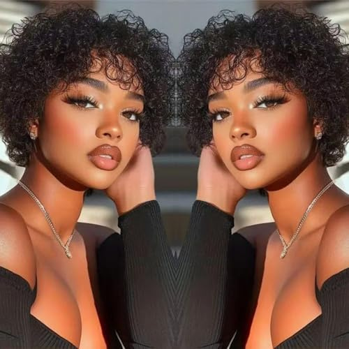 Perruque courte en With Bangs Perruque pour Femmes, perruques courtes cheveux humains 100%, perruques afro bouclées, avec lace front dégradé, sans colle,noir naturel