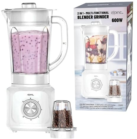 2 In 1 Multi Functional Blenders With Grinder - 500W, 600W Processors | With Plastic Food Jug, Juice Maker, Coffee, Nut & Spice Grinder Attachment | Speed Mode Functions 1.5L (600W 5 Speed, White)