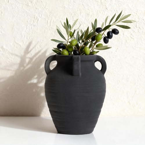 Vaso da fiori fatto a mano, vaso rustico in terracotta da 20,8 cm, con 4 manici, vaso da fiori in ceramica vintage, vaso nero opaco per ingresso, tavolo, scaffale, soggiorno, camino, decorazione per