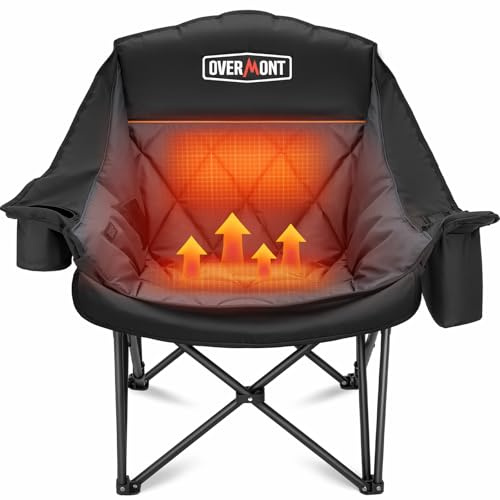 OVERMONT Beheizbarer XL Campingstuhl für Erwachsene – Klappstuhl Ideal für Winter Outdoor Ausflug Camping Angeln Schwarzgrau