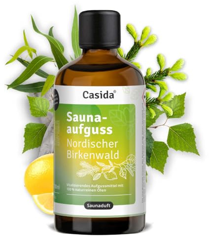 Casida Saunaaufguss Nordischer Birkenwald - Sauna Aufgussmittel mit 100% naturreinen ätherischen Ölen - Mit Birke, Eukalyptus, Fichtennadel, Zitrone - ohne synthetische Duftstoffe -100 ml