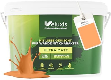 Veluxis® Peinture murale orange pour intérieur - 2,5 litres et classe d'opacité 1, sans traces, anti-gouttes et écologique, sans COV - (Pure Papaya)