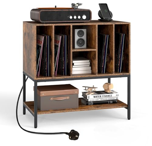 COSTWAY Record Player Stand with Charging Station, Turntable Stand End Sofa Side Table with Open Shelves, Metal Frame Albums Vinyl Record Storage Cabinet Holder for Living Room Bedroom (Rustic Brown)