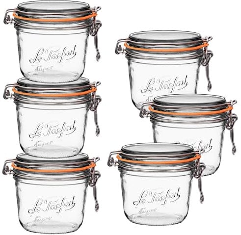 Le Parfait Lot de 6 bocaux à terrine transparents de 500 ml avec couvercles hermétiques à charnière avec joint en caoutchouc antifuite Idéal pour la mise en conserve, les bonbons de Noël, le