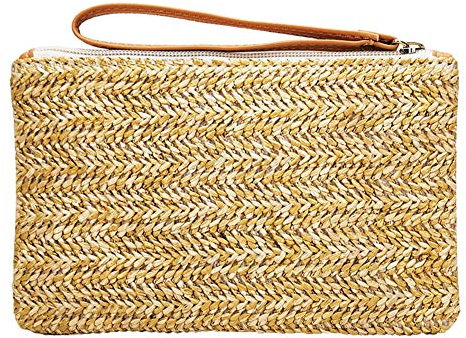 Weiqiao® Porte-Monnaie en Paille Tissée Sac à Main Fermeture à glissière Décoration de Bohême pour Clé Monnaie Femme (Jaune)