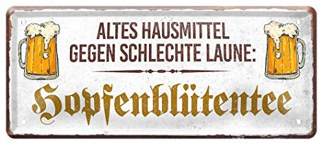 Blechschild Bier Hopfenblütentee - Metallschild lustiger Spruch - Geschenk Männer - Geschenkset Idee - Retro Deko Küche, Bar, Stammtisch, Biergarten, Werkstatt, Kneipe - Bier Blech Schild - 28x12cm