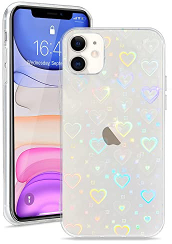 L-FADNUT for iPhone 11 Cases Crystal Clear Cute Holographic Heart Pattern for Women Girls Transparent Fashion Glitter Silicone Bumper Shockproof Protective Phone Case for iPhone 11