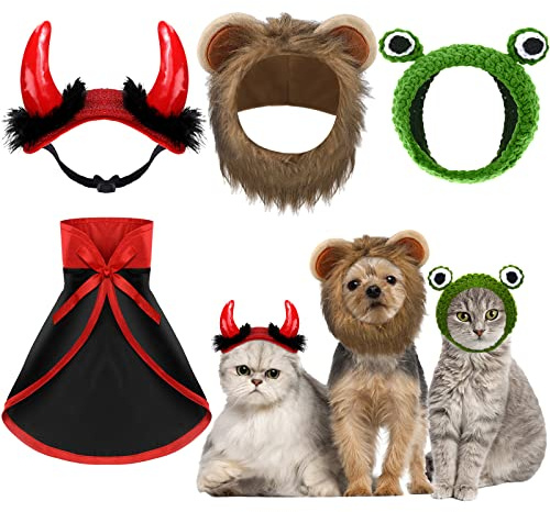 Xuniea 4 Stück Halloween Haustier Kostüm Katze Löwenmähne Kostüm Vampir Umhang Teufel Hut Frosch Hut Katze Kleine Hunde Outfits für Halloween Party Haustier Cosplay
