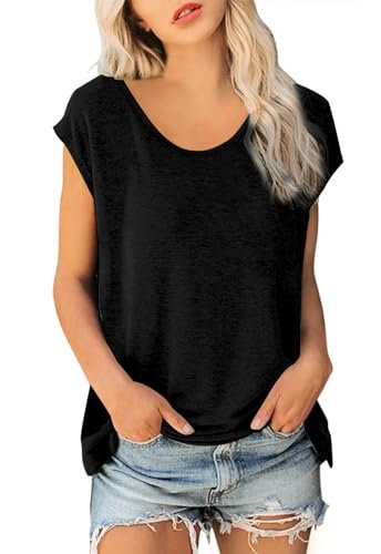 GoPaw Women's Cap Sleeve T-Shirt V Neck T-Shirts Summer Tank Tops Casual Loose Fit Blouses Basic Tee Tops (UK, Alpha, M, Regular, Regular, Black)