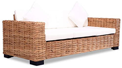 Keyroto 3-Sitzer-Sofa Natürliches Rattan, Garten Lounge, Terrassenmöbel, Gartenmöbel, Balkon Sofa, Balkonmöbel, Garten Loungemöbel Set, Gartenlounge