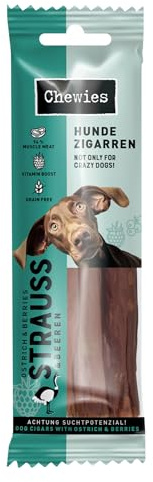 Chewies Hundezigarre Strauß mit Beeren - Protein Kaustangen für Ihren Hund getreidefrei & zuckerfreie Hunde-Leckerli auch für Welpen & Senior Hunde geeignet, 10er Pack (je 75g)