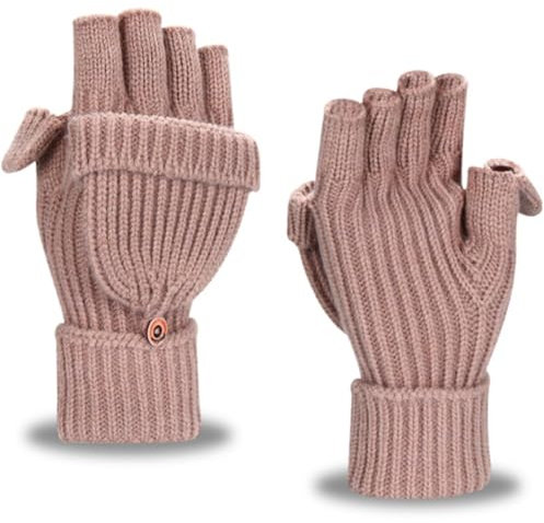 Yaopelky Fingerlose Winterhandschuhe für Damen und Herren, halbe und volle Glitzer-Strick-Fäustlinge Daumen mit Kappe, wandelbarer Thermo-Fäustling, Khaki (Daumen mit Kappe), One Size for most adults