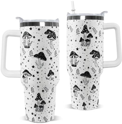 Nqhsionv Mushroom Tumbler with Handle and Straw 40 oz Retro Gothic Mushroom 5D Print Cup Coffee Travel Mug Stainless Steel Insulated Cup Mushroom Stuff Decor Gifts for Women