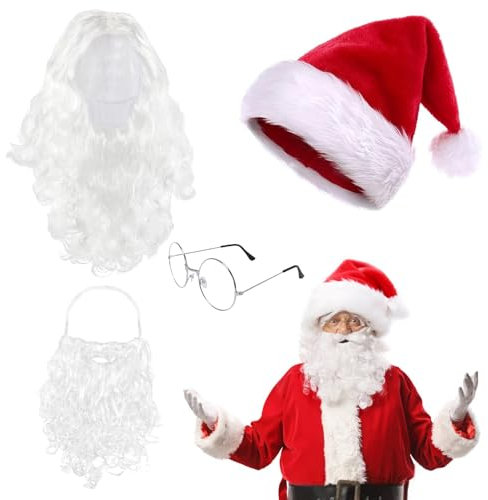 Landifor Weihnachtsmann Kostüm Erwachsene Weihnachtsmannkostüm mit Bart Perücke Mütze Brille Nikolauskostüm Santa Claus Cosplay Kleidung Zubehör für Weihnachten Heiligabend Weihnachtsparty
