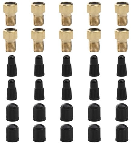 30Pcs Brass Presta Valve Adaptor (Pack of 10 + 20 Caps),Tyre Valve Caps Presta Valve Caps for Mountain Bikes, Road Bikes, Vacuum Tyre BikesIn Tire Using Standard Pump+Air Compressor for all Bikes