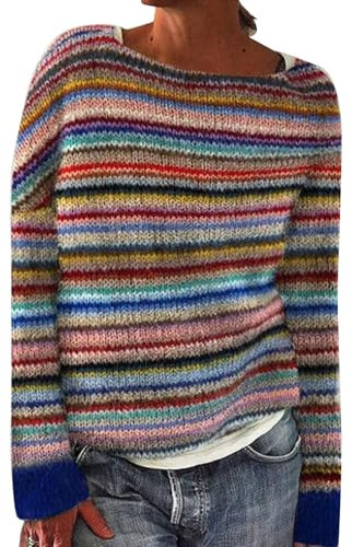 Norweger Pullover Damen Lang Bunt Cashmere Strickpullover Norweger Pullover Damen Pulli Stricken Wolle Strickpullover Blau Weiß Gestreift Damen Sweat Shirt Women's Brown L