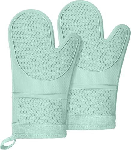 Lazebox Guantes de horno de silicona extralargos, resistentes al calor y al deslizamiento, con forro de algodón suave, agarre texturizado, guantes largos y flexibles para barbacoa, hornear, cocinar,