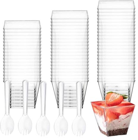 120ml Tazas de Postre, 50 x Vasos de Postre Plastico, Cuencos Aperitivos, Vasitos Aperitivos Plastico Reutilizables, Vasos para Postres, Vasitos para Postres Mousse Pudín, con 50 Cucharas de Postre