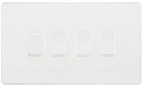 BG Evolve Pearlescent White 4 Gang Custom Grid Switch 1x LED Dimmer 3x 2 Way
