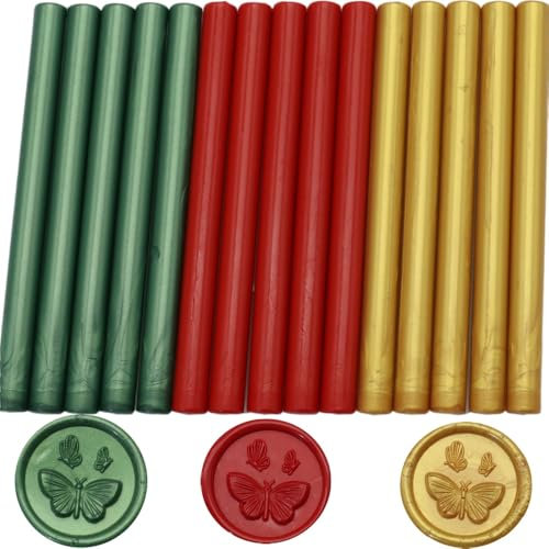 Wax Seal Sticks, Atopbb Christmas 15 Pcs Glue Gun Wax SealingSticks for WaxSeal Stamp, 3 Colors SealingWaxSticks Set for 0.28'' Glue Gun WaxSealing, Wedding Invitations (15, Christmas)