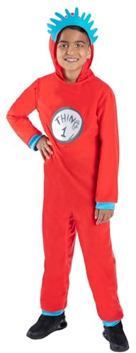 Smiffys Dr Seuss Thing 1 & Thing 2 Kids Costume, Official Licensed Cat in the Hat Fancy Dress with Red Jumpsuit, Blue Headpiece & Interchangeable Badges, Children’s Book Character Outfit