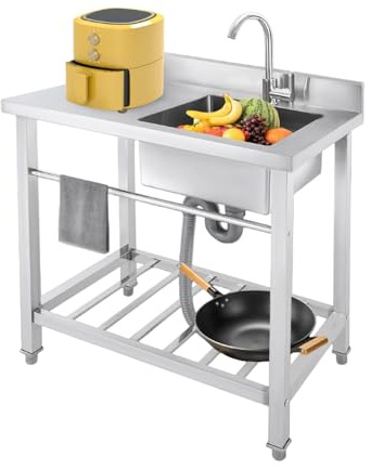 Mqwdxzfes Edelstahl Spültisch, Küchenspüle mit Unterschrank, Gastrospüle Spülbecken mit Arbeitsplatte & Regal, Einzelbecken Freistehende, Arbeitstisch Waschbecken, 80x55x84cm (Rechte Spüle)