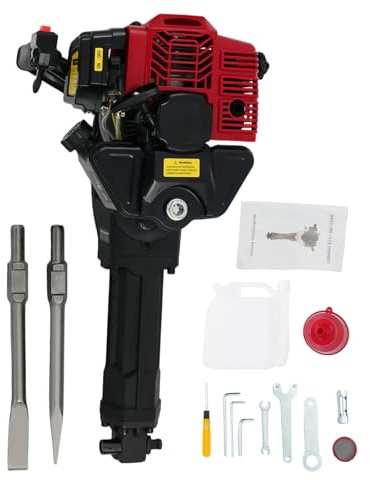 52cc 1900w Abbruchhammer Benzin, 2 Takt Stemmhammer, 6500 U/min Seilzugstarter Schlaghammer, 20-55 Joule, Meißelhammer mit 2 Meißeln(Spitzmeißel, Flachmeißel), Doppelmeißel für Bau, Garten