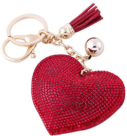Soleebee Leder Liebes-Herz Keychain Bling Kristallstrass Taschen Koffer Rucksäcke Zubehör Charm Auto Schlüsselanhänger Schlüsselring mit Quasten (Rot)