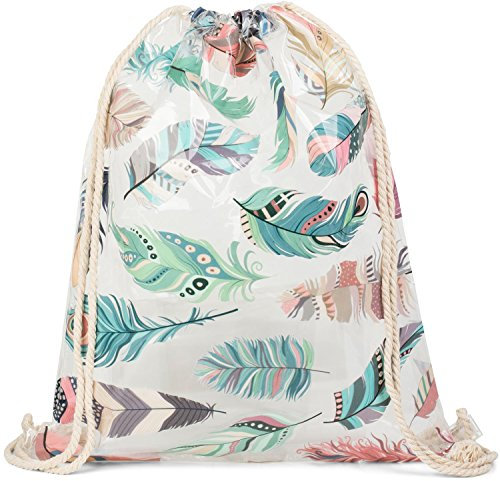 styleBREAKER transparenter Turnbeutel mit Feder Print auf der Vorderseite, wasserabweisend, Sportbeutel, Rucksack, Beutel, Damen 02012251, Farbe:Mehrfarbig