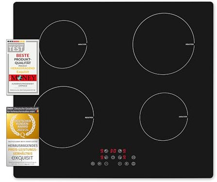 Exquisit® Vitrocerámica de Inducción, 4 Zonas, 7000W, Control Digital Deslizante, Bloqueo Teclas, Timer Fin Cocción, Indicador Calor Residual, Reconocimiento de Recipientes, Medidas 7,7x59x52 Cm.