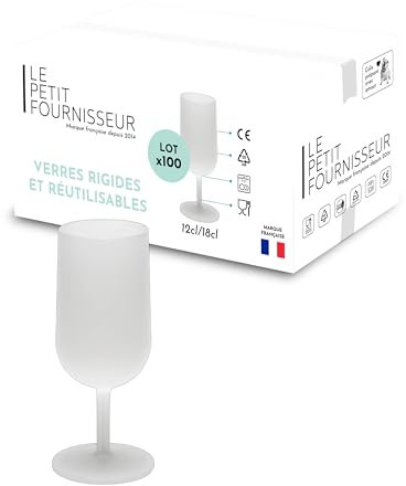 LPF LE PETIT FOURNISSEUR - Lot de 100 Verres à Vin réutilisables 12cl (18cl max) - Polypropylène plastique alimentaire rigide - Verre à pied à eau et vin - Compatible lave-vaisselle - Couleur givrée
