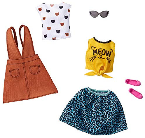 Barbie Fashionistas Kleidungsset für Puppen, 2 Stück, darunter T-Shirt mit Kätzchen, Tanktop, Kleid, Blauer Rock und Zubehör, Spielzeug für Kinder, GHX66