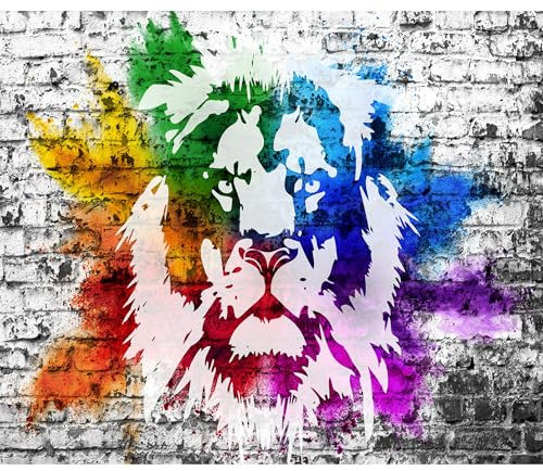 decomonkey Fototapete selbstklebend Löwe Graffiti 196x140 cm XL Selbstklebende Tapeten Wand Fototapeten Tapete Wandtapete klebend Klebefolie Tiere Abstrakt Steinwand Stein Ziegel