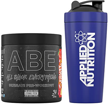 Applied Nutrition Bundle ABE Pre Workout 375g + 750ml Steel Protein Shaker | All Black Everything Pre Workout Powder, Energy & Physical Performance with Creatine, Beta Alanine (Fruit Punch)