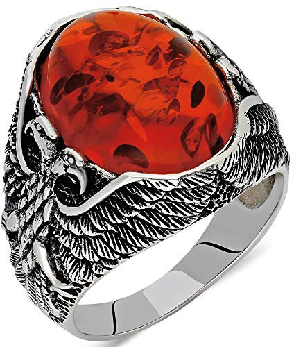 mysilverworld Herren-Ring aus massivem 925er-Sterlingsilber mit doppelköpfigem Adler, baltischer Bernstein (8,5), Metall, Baltischer Bernstein (simuliert)