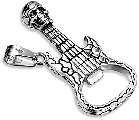 Paula & Fritz® Herren Ketten-Anhänger Totenkopf E-Gitarre Flaschenöffner 316L Chirurgenstahl Silber 52 x 23-mm Halsketten-Anhänger Pendant Musik Frauen