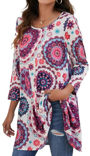 Enmain Magliette Donna Maniche Lunghe 3/4 Tunica Lunga Bluse Elegante Stampata Casual Maglietta Lunga Collo Rotondo T-Shirt,Rosa