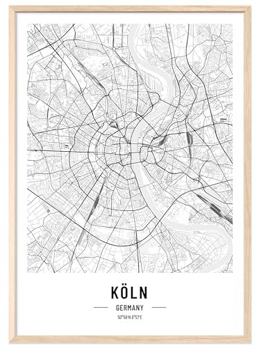 JUNOMI® Köln Poster DIN A2 mit Rahmen Natur, DIN A2 Wohnzimmer Deko, Modernes Wandbild, Köln Bild, Wandbild mit Rahmen, Stadtplan Poster Köln, perfekte Geschenkidee für Kölner