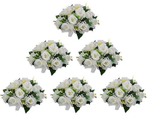 LoveCat Künstlicher weißer Rosenstrauß, 6 Stück künstliche Blumenkugeln, künstliche Blumen, 15 Köpfe, Kunststoff-Rosen mit Sockel, perfekt für Hochzeitssträuße, Partys, Tischdekoration,